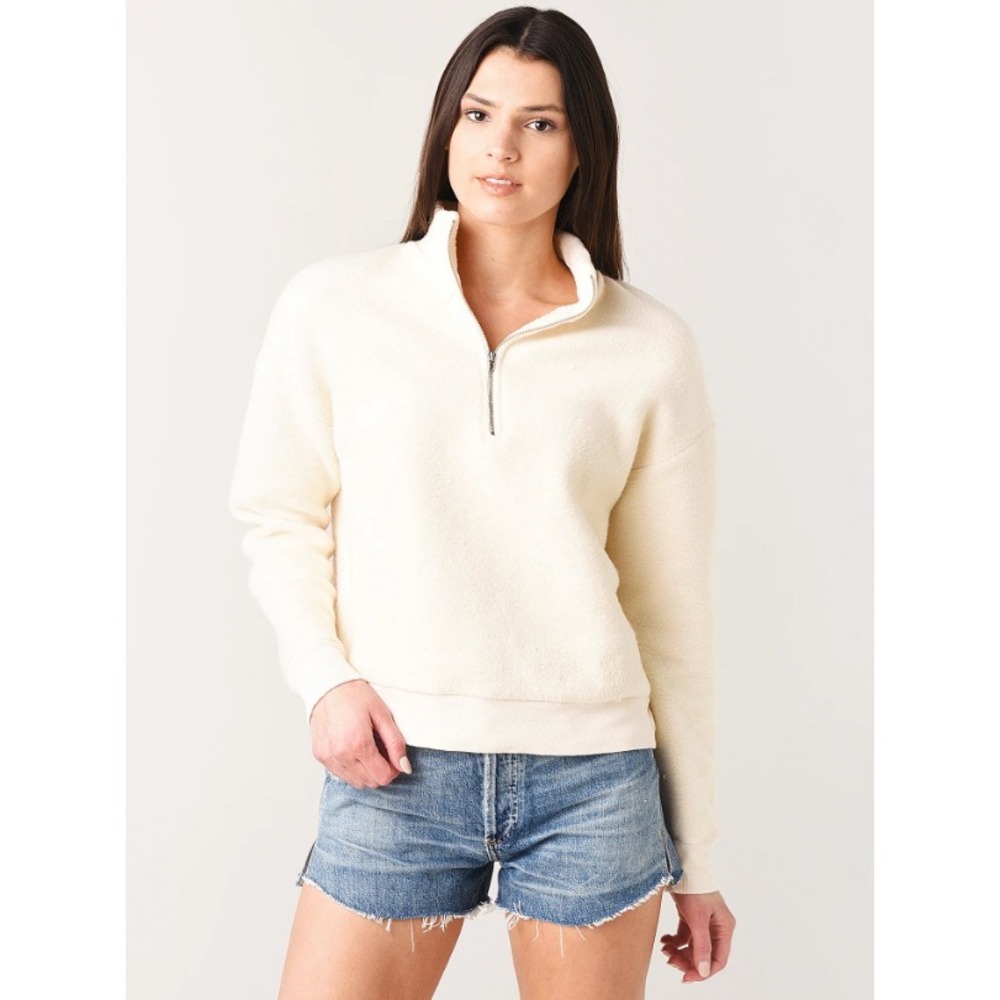 Monrow Womens Teddy Fleece Half Zip Sweater Long Sleeve Pullover Cream Medium